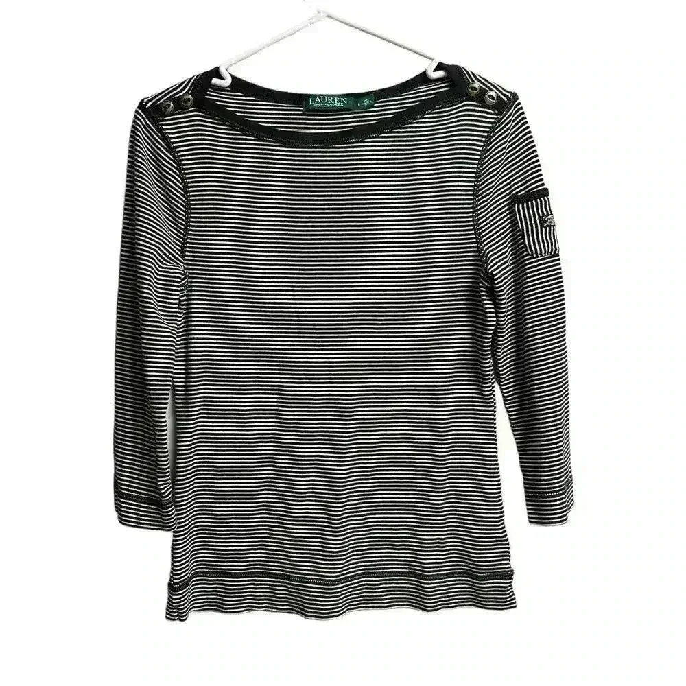 Lauren Ralph Lauren Women's Top Black Cream Stripes 3/4 Sleeves Large